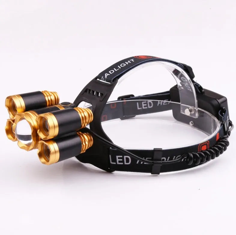 Gold LED head torch with 5 LEDs, zoomable beam, and aluminium housing on dark background