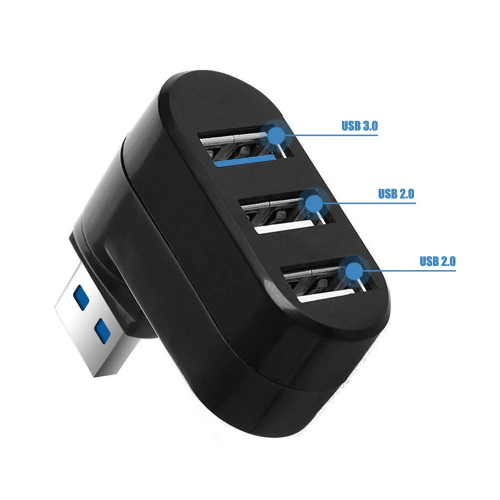 Black USB rotary splitter hub with four USB ports showing 15.5cm length