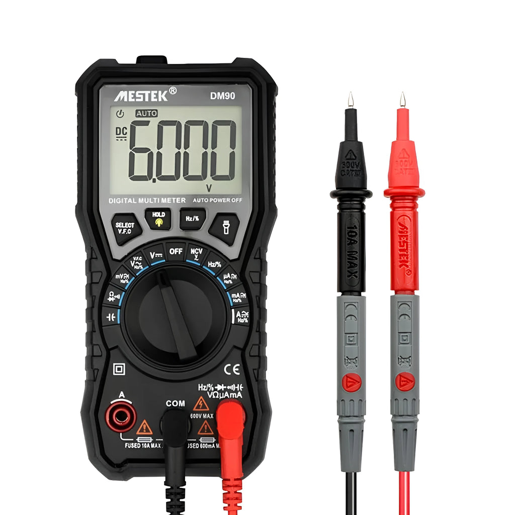 DM90A digital multimeter with display showing readings, test leads, and thermocouple probe on a workbench.