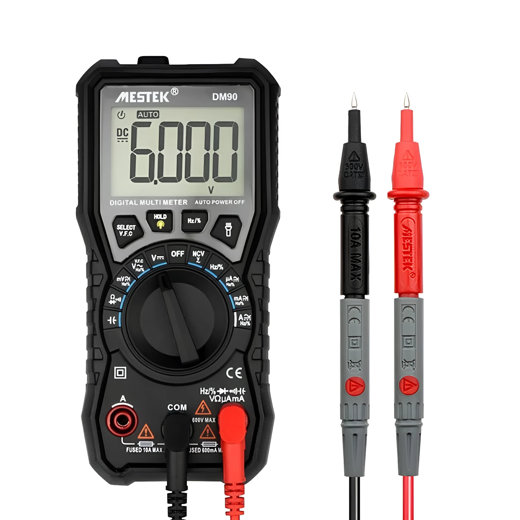 DM90A digital multimeter with display showing readings, test leads, and thermocouple probe on a workbench.