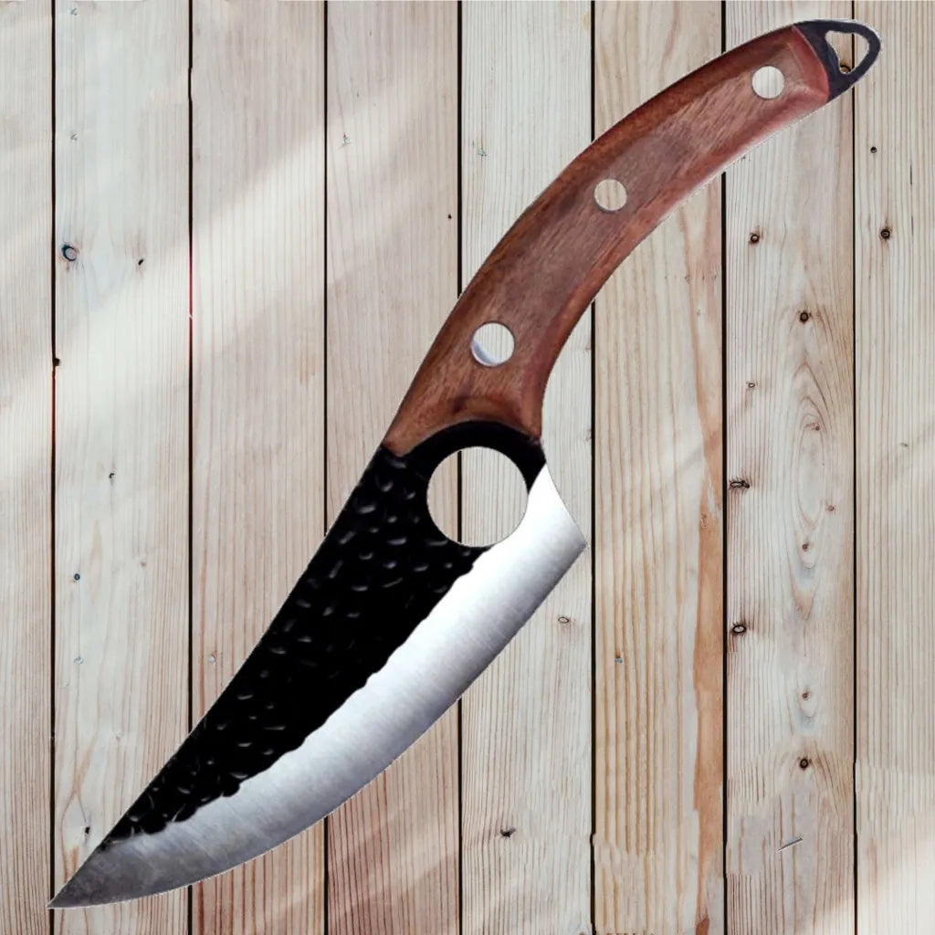 Slaughter cutting meat boning small scimitar knife with 5CrMoV15 high carbon steel hammer pattern blade and black handle, leather cover
