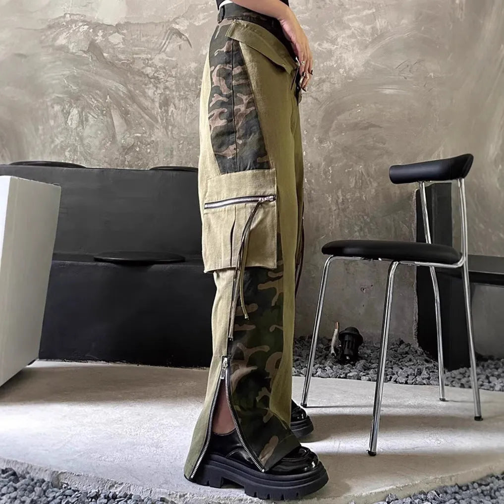 Dark khaki leopard print high waist jeans with fake two stitching detail and straight leg cut