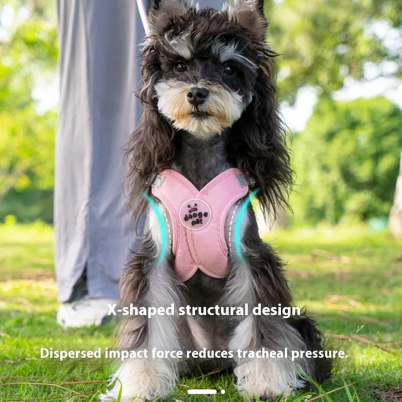 Pink adjustable dog vest harness and matching rope lead set on a white background.