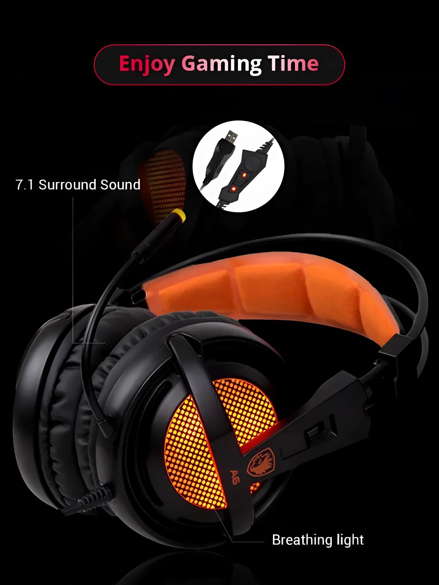 White USB gaming headset with LED lights and memory foam ear cushions on a black background.