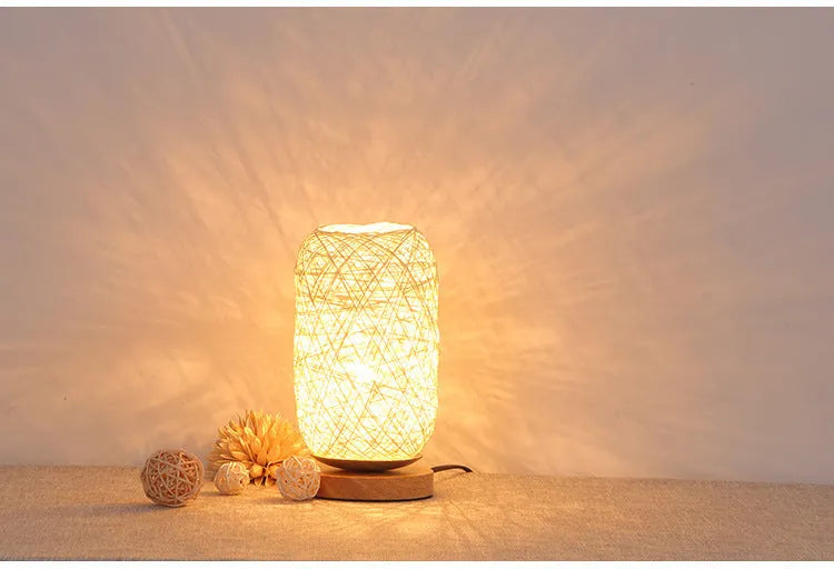 Natural hemp twine Sepak Takraw desk lamp with solid wood base in brown colour