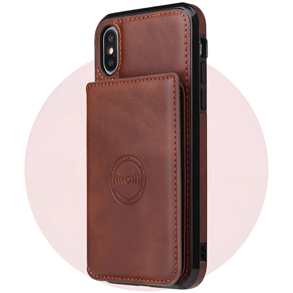 Imitation leather card wallet phone case for iPhone 11 in various colours showing business-style solid design.