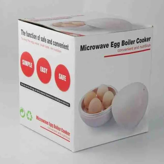 White microwave egg steamer in egg shape with lid, holds up to 4 eggs for hard or soft boiled cooking