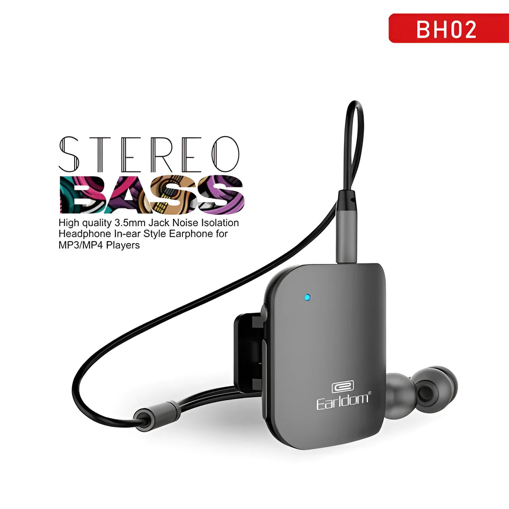 Black lavalier-style Bluetooth audio receiver for wireless headphones with a 10m range.