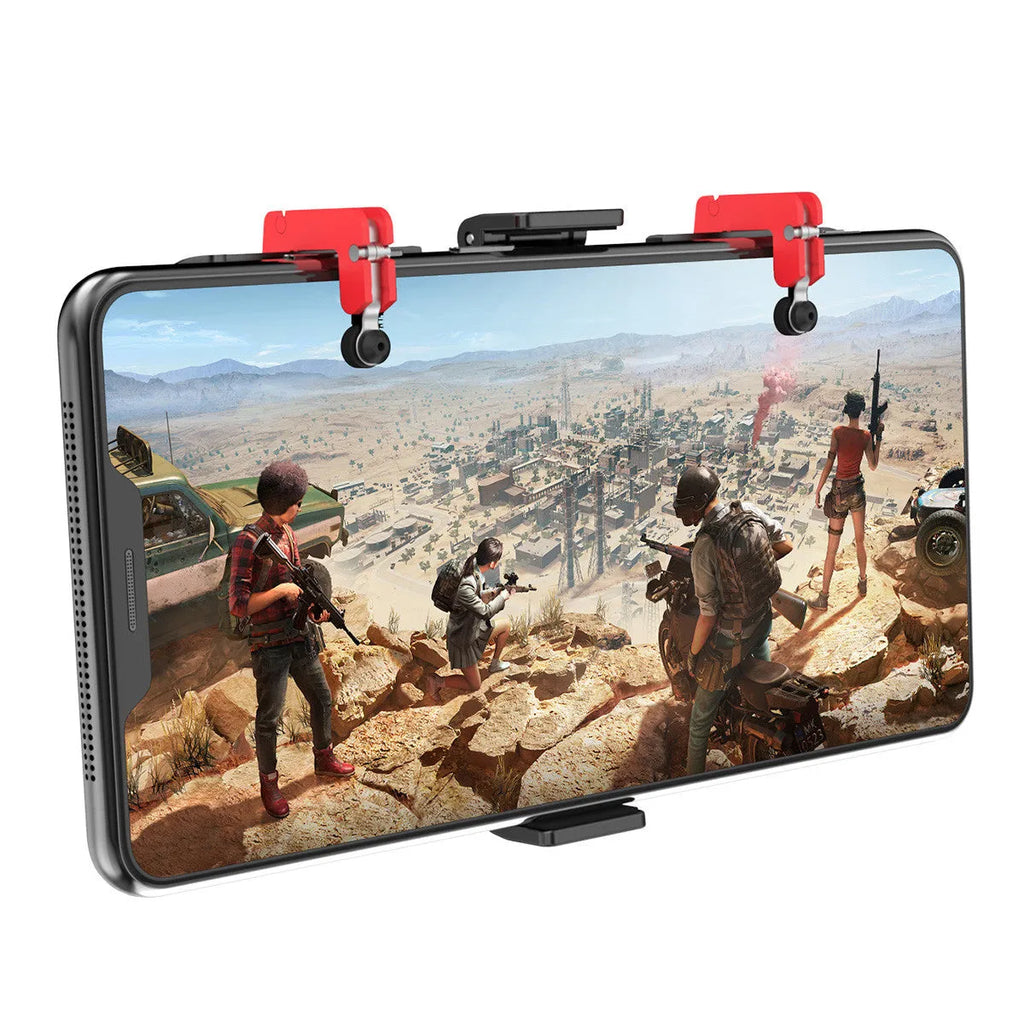 Black mobile gaming phone mount bracket with an extended metal trigger and telescopic clamping clip.