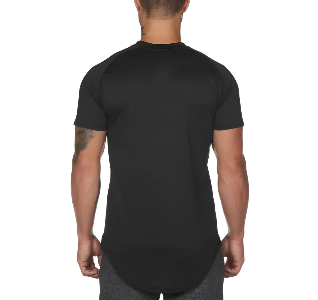 Men's plain and custom letter print gym shirt in cotton spandex blend for fitness.