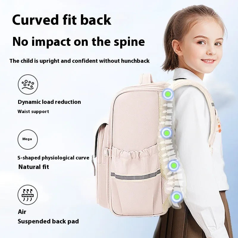 Oxford cloth student backpack in beige, large size, shown as a lightweight schoolbag for Grade 5-6.