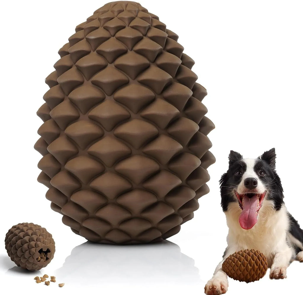 Yellow pine cone shaped dog chew toy with textures and a treat dispenser hole.