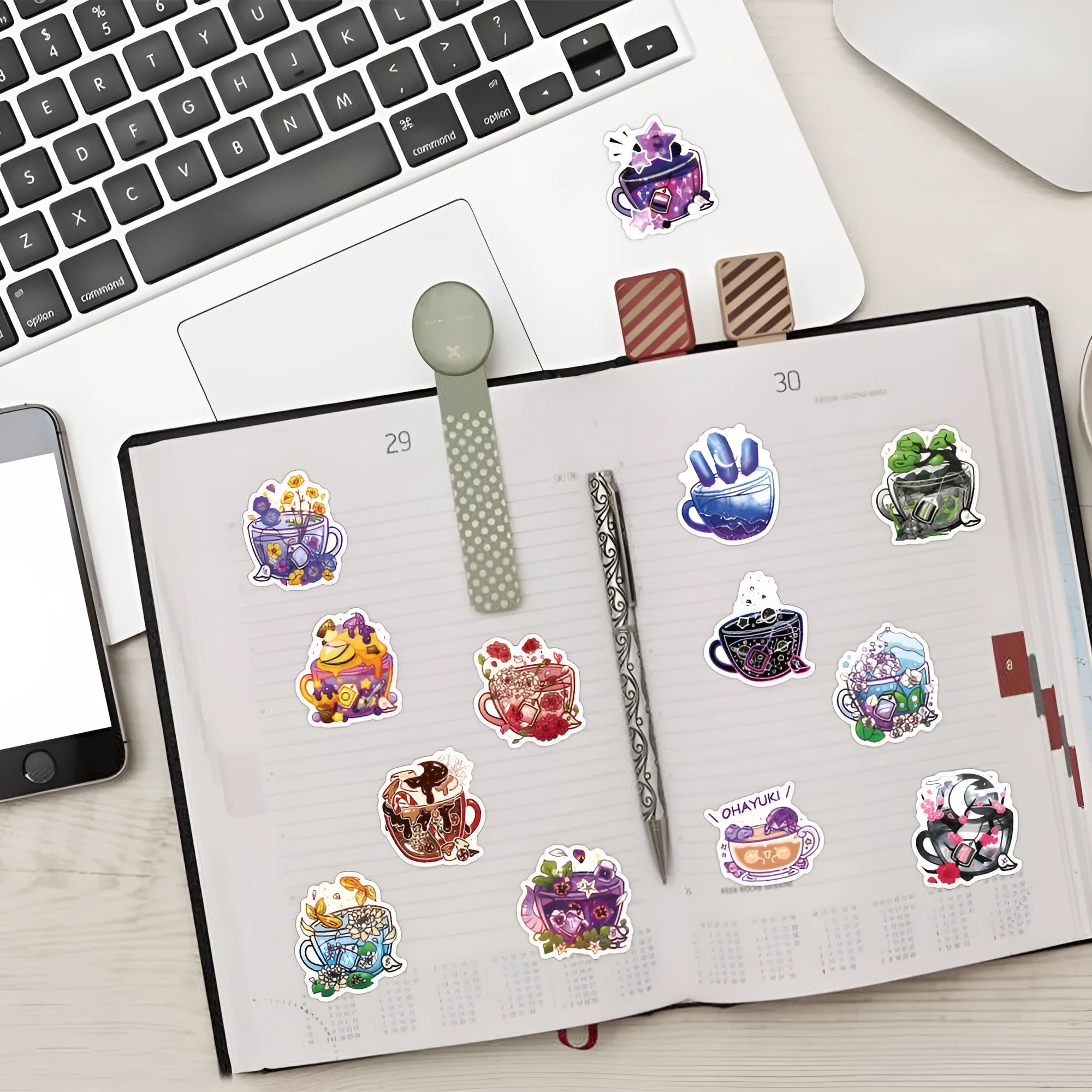 Pack of 50 colourful tea cup graffiti design waterproof vinyl stickers for DIY decoration.