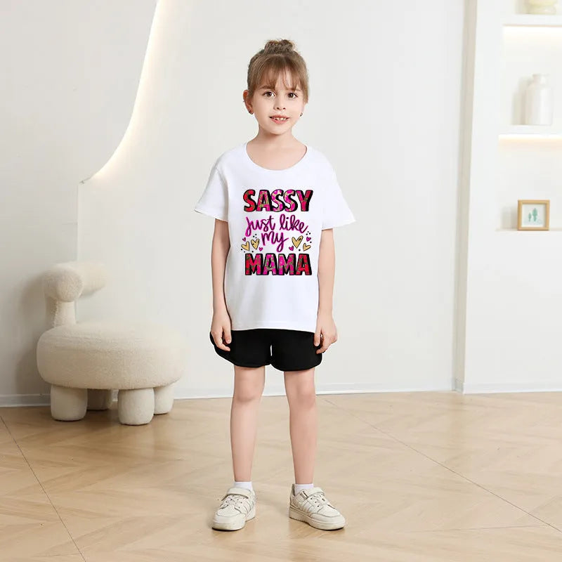 Girls' cotton short sleeve round neck cartoon print t-shirt in pink, suitable for height 100-150cm