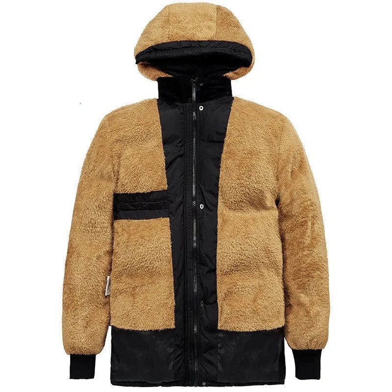 Black velvet padded men's winter jacket with double-breasted placket and hood