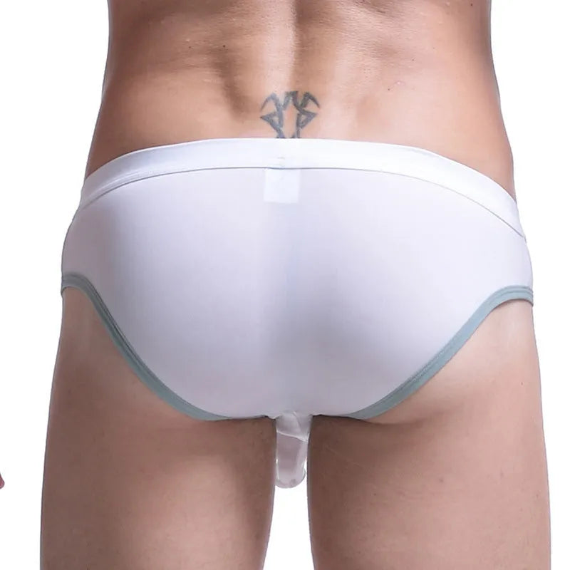 Men's thin ice silk briefs in Army Green colour with a mid-waist and bullet separation design.
