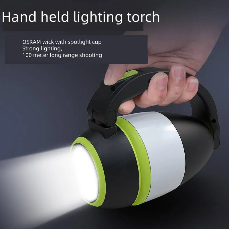 Black-green multifunctional LED lamp with adjustable head showing three lighting modes and USB charging port
