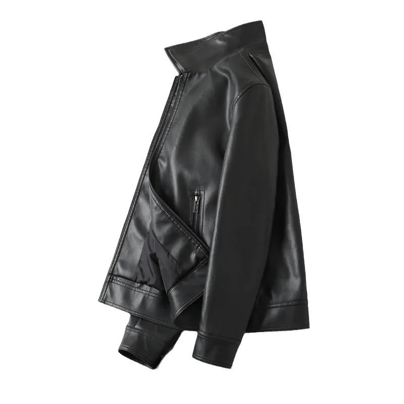 Men's black PU leather casual jacket with zip pockets and a loose fit on a hanger.