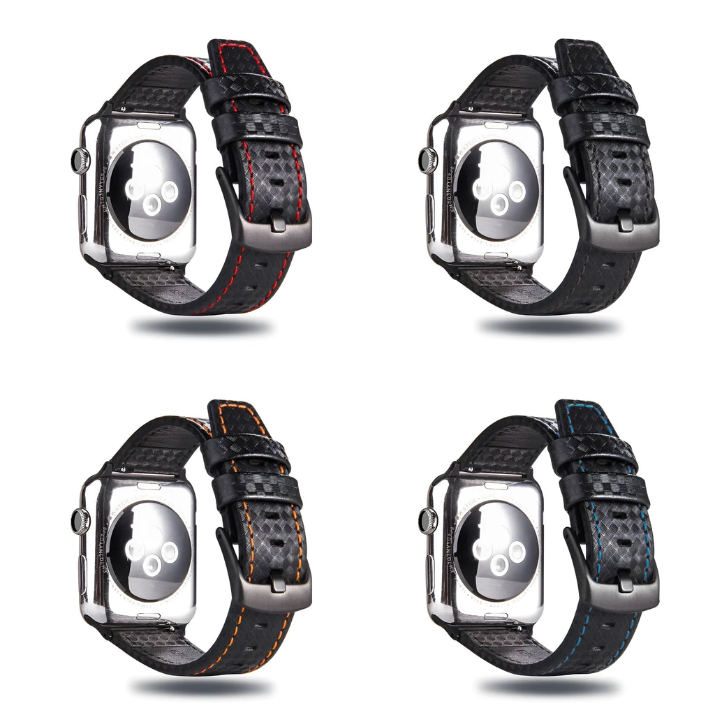Carbon fiber leather Apple Watch strap with PC hard shell case in black line colour for 42 44mm size