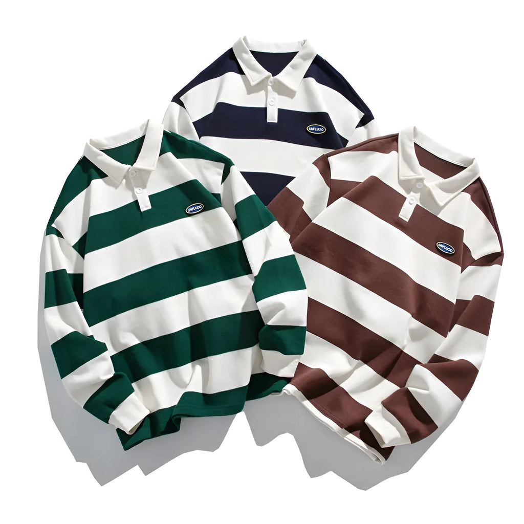 Hong Kong style lapel polo shirt with striped matching sweater design in pearl cotton