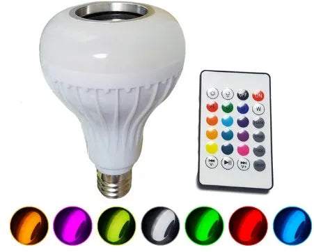 White E27 smart LED bulb with Bluetooth speaker and remote control for wireless light and music adjustment.