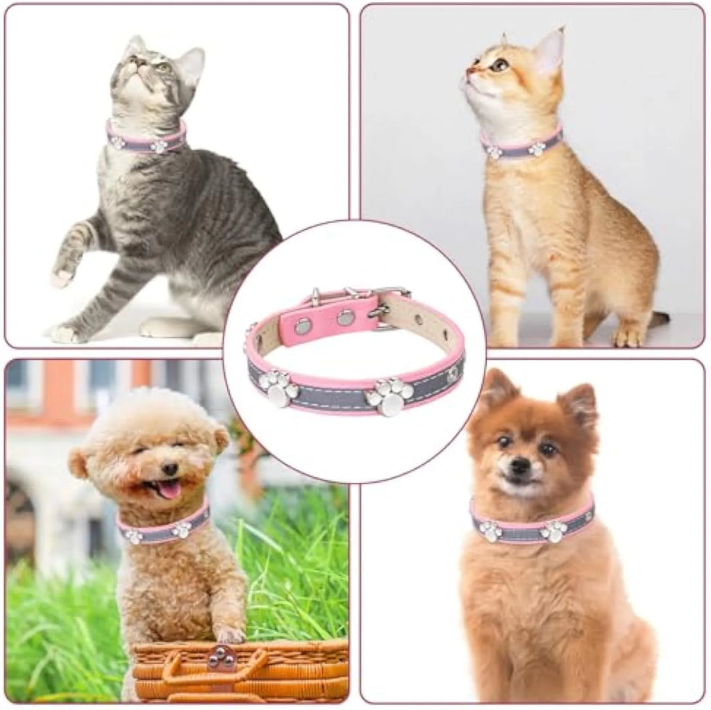 Reflective adjustable dog collar made of soft PU leather with metal buckle and paw-shaped rivet.