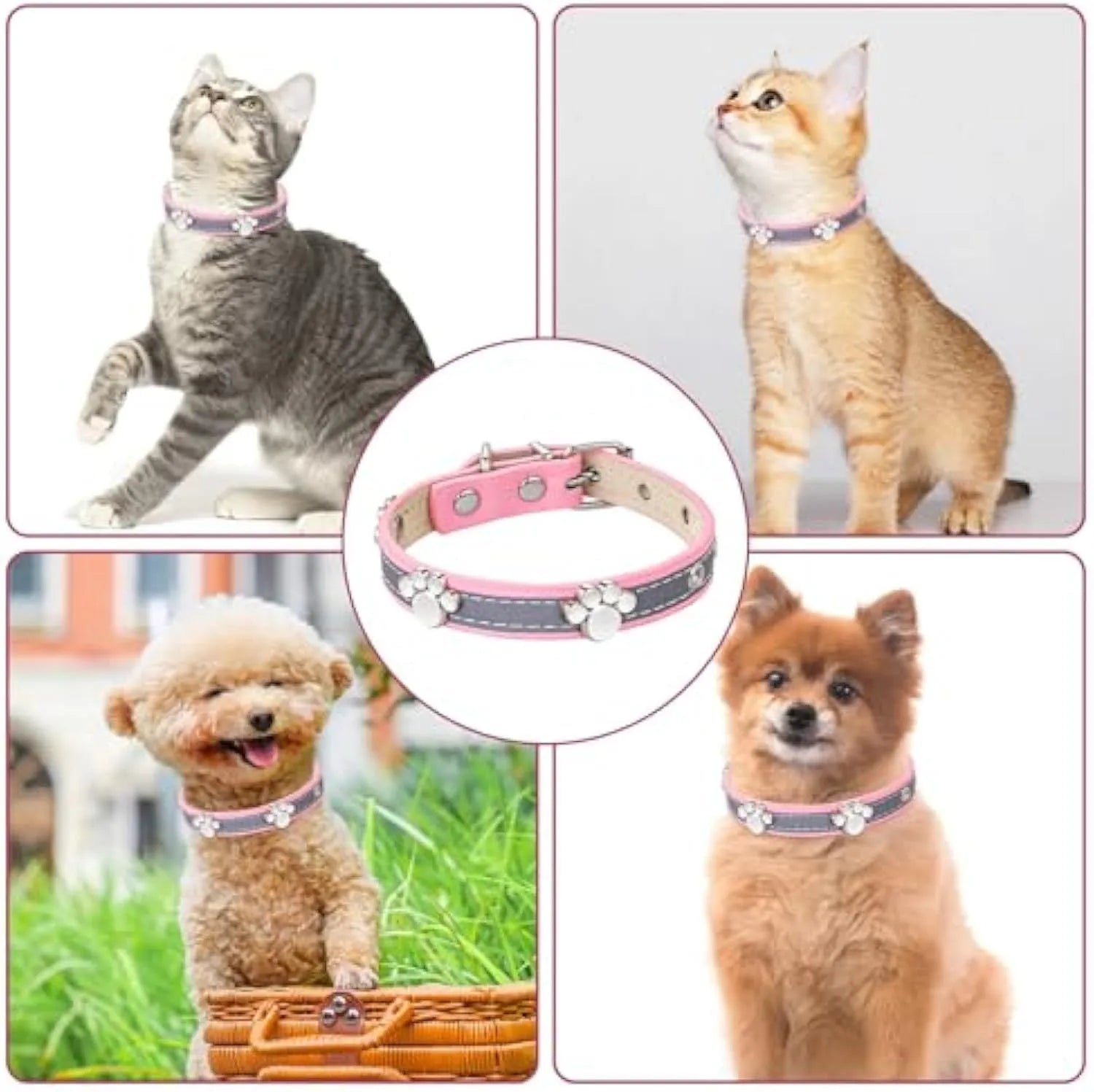 Reflective adjustable dog collar made of soft PU leather with metal buckle and paw-shaped rivet.