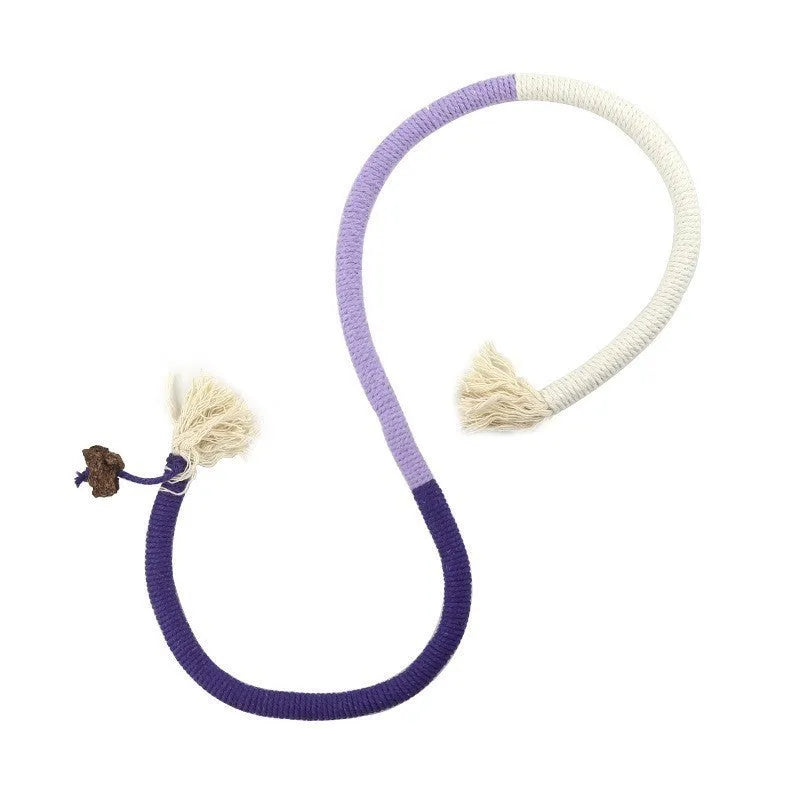 Bite rope catnip toy in 70cm cotton string, purple colour, for cat teething play