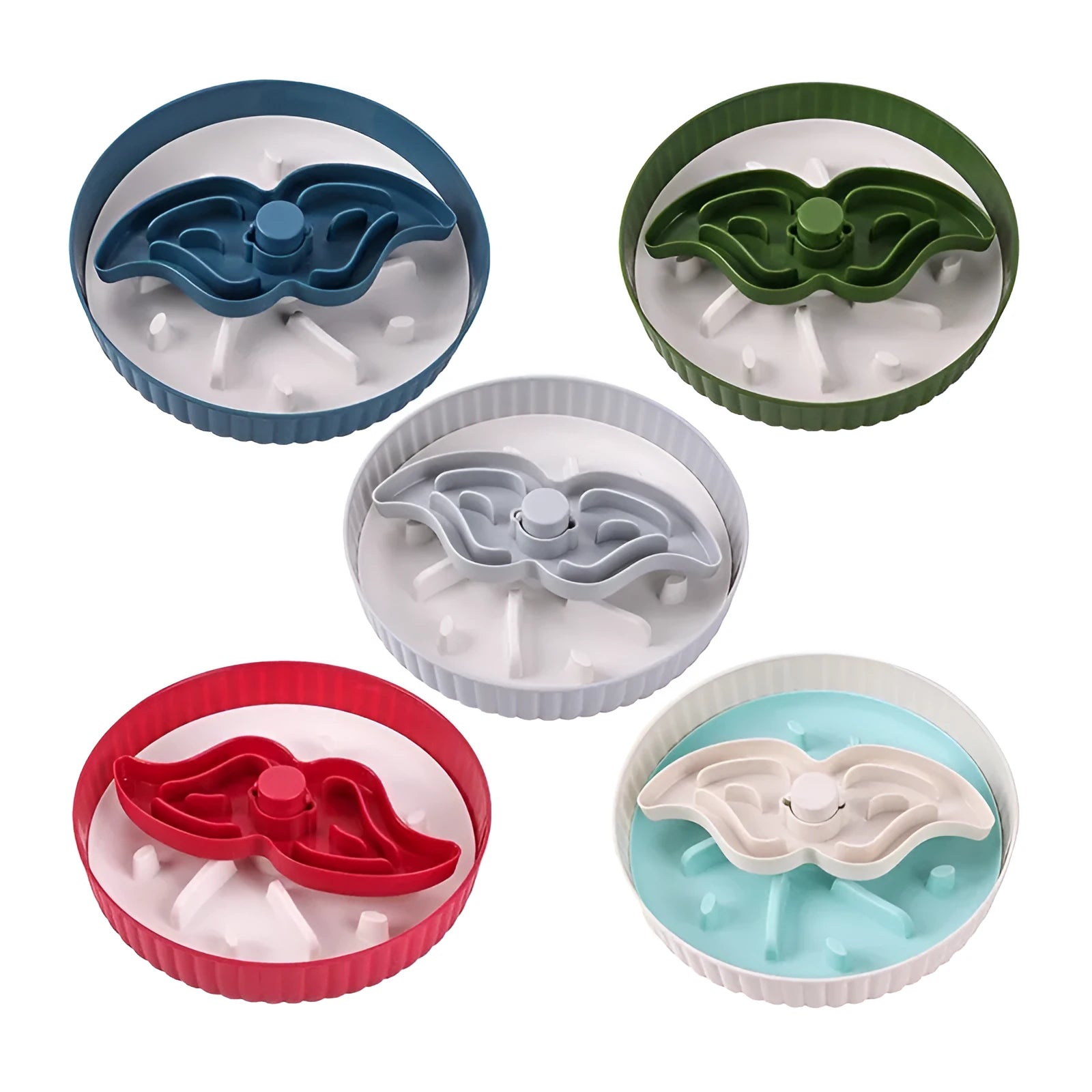 Rotating pet slow feeder bowl with silicone anti-choke pad in blue, showing game board texture.
