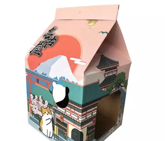 Foldable corrugated paper cat scratching board featuring a colourful Nagoya cat pattern design.