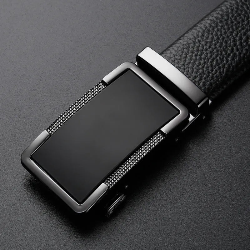 Men's leather automatic buckle belt in gun black, silver, or gold colour on a white background