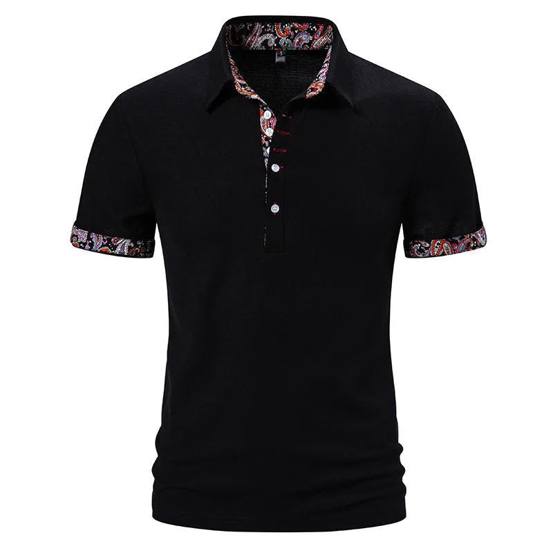 Men's navy blue cotton blend polo shirt with short sleeves and a turnover collar on a white background.