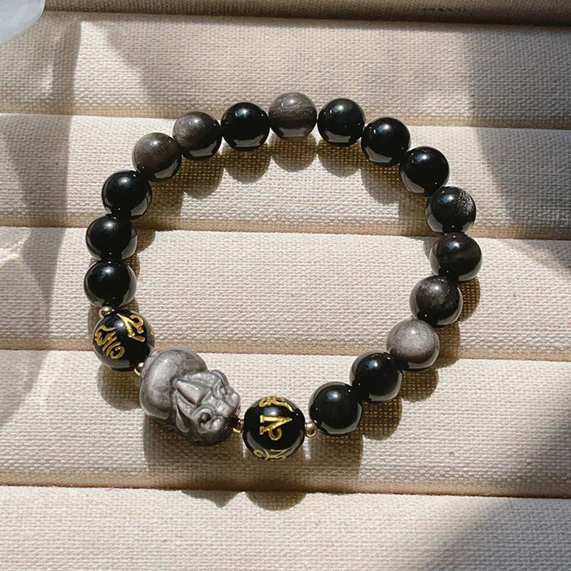 Men's silver stone bracelet with zodiac signs and Chinese proverb beads