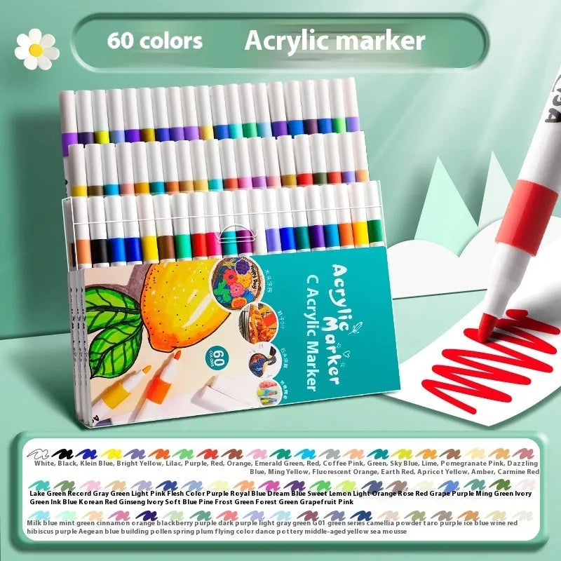 Acrylic marker pen set showing multicoloured plastic markers arranged by colour