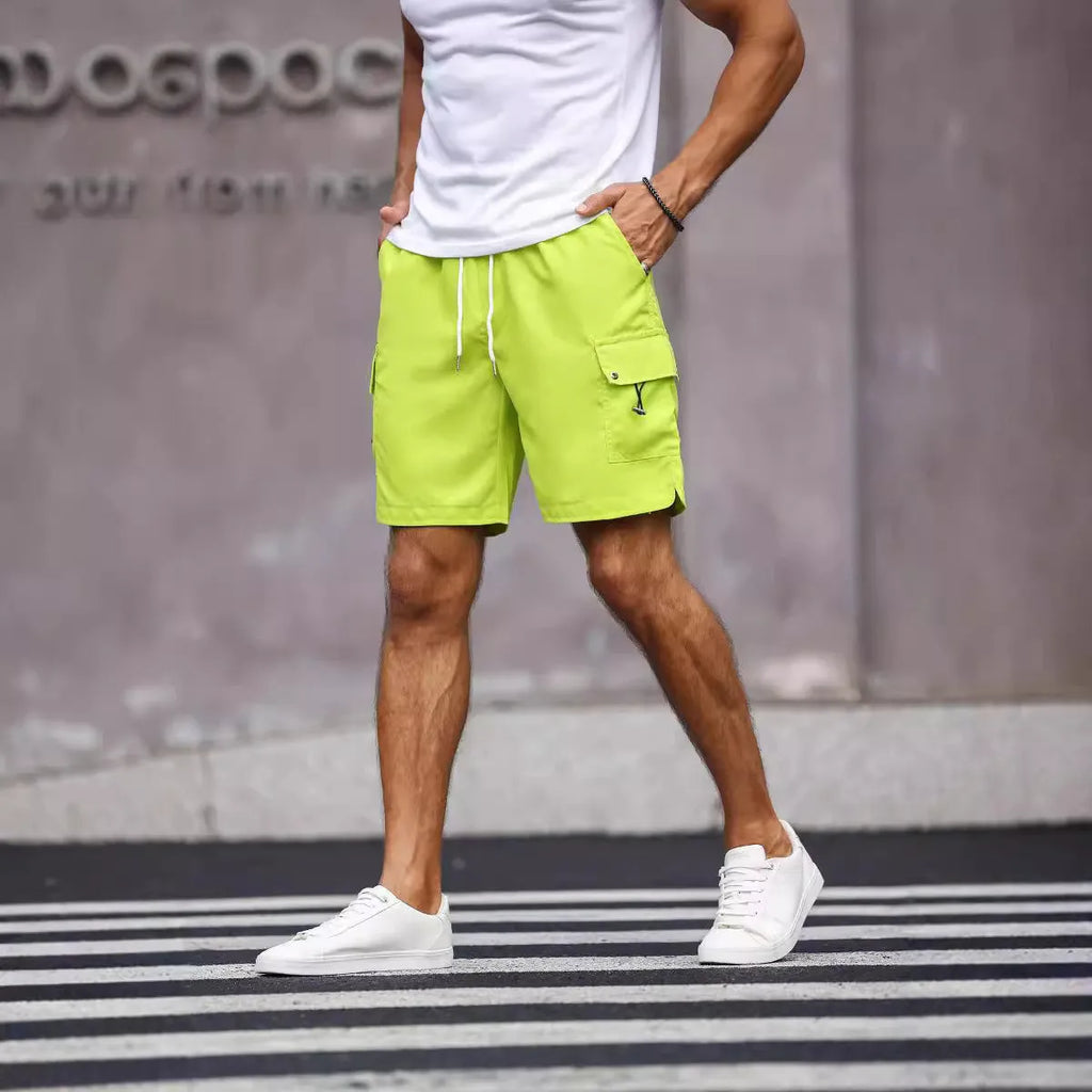 Men's loose fit work shorts in fluorescent green and army green colours with straight cut design