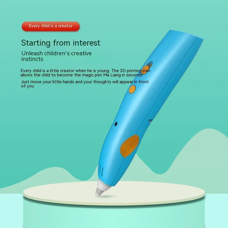Children's wireless 3D printing pen in blue, plastic construction, 14.2cm length, rechargeable cool-touch drawing toy