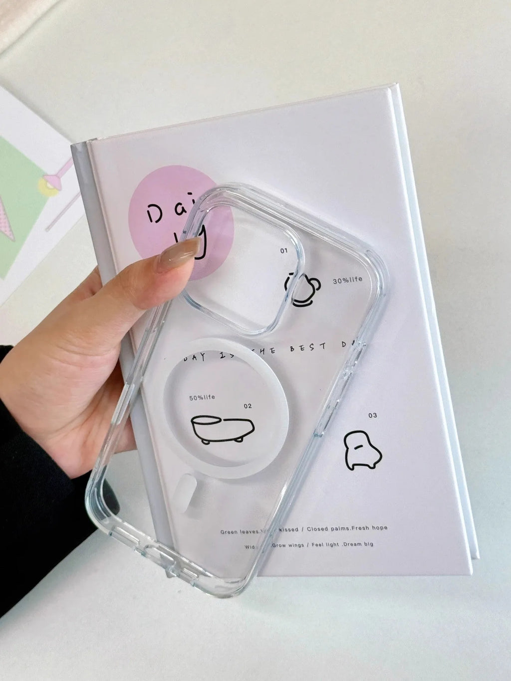 Transparent magnetic phone case with photo capacitor button for iPhone 16 series, back cover view