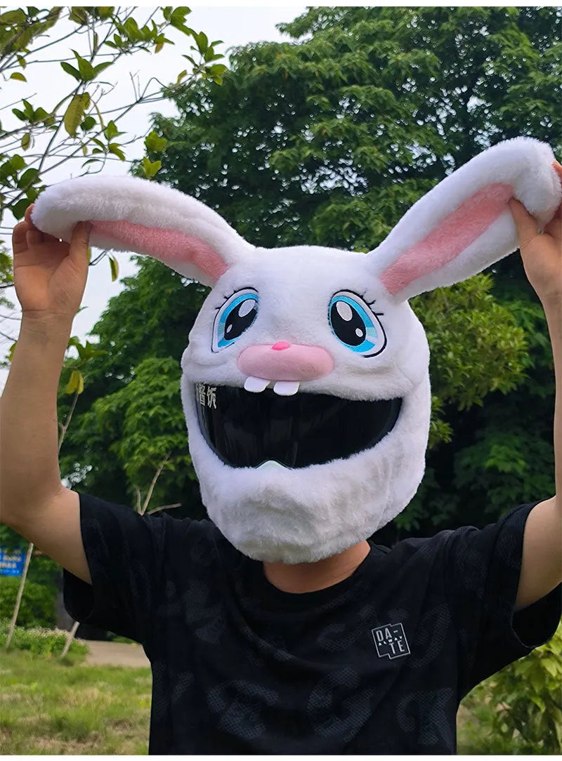 White rabbit head decorative cover for electric motorcycle helmet with plush fabric and long ear design