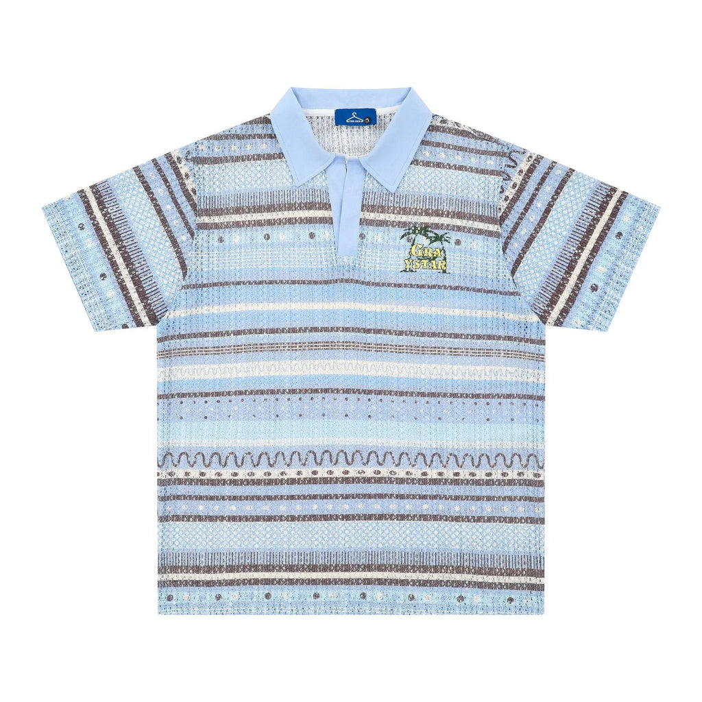Men's blue printed short sleeve shirt with loose leisure fit