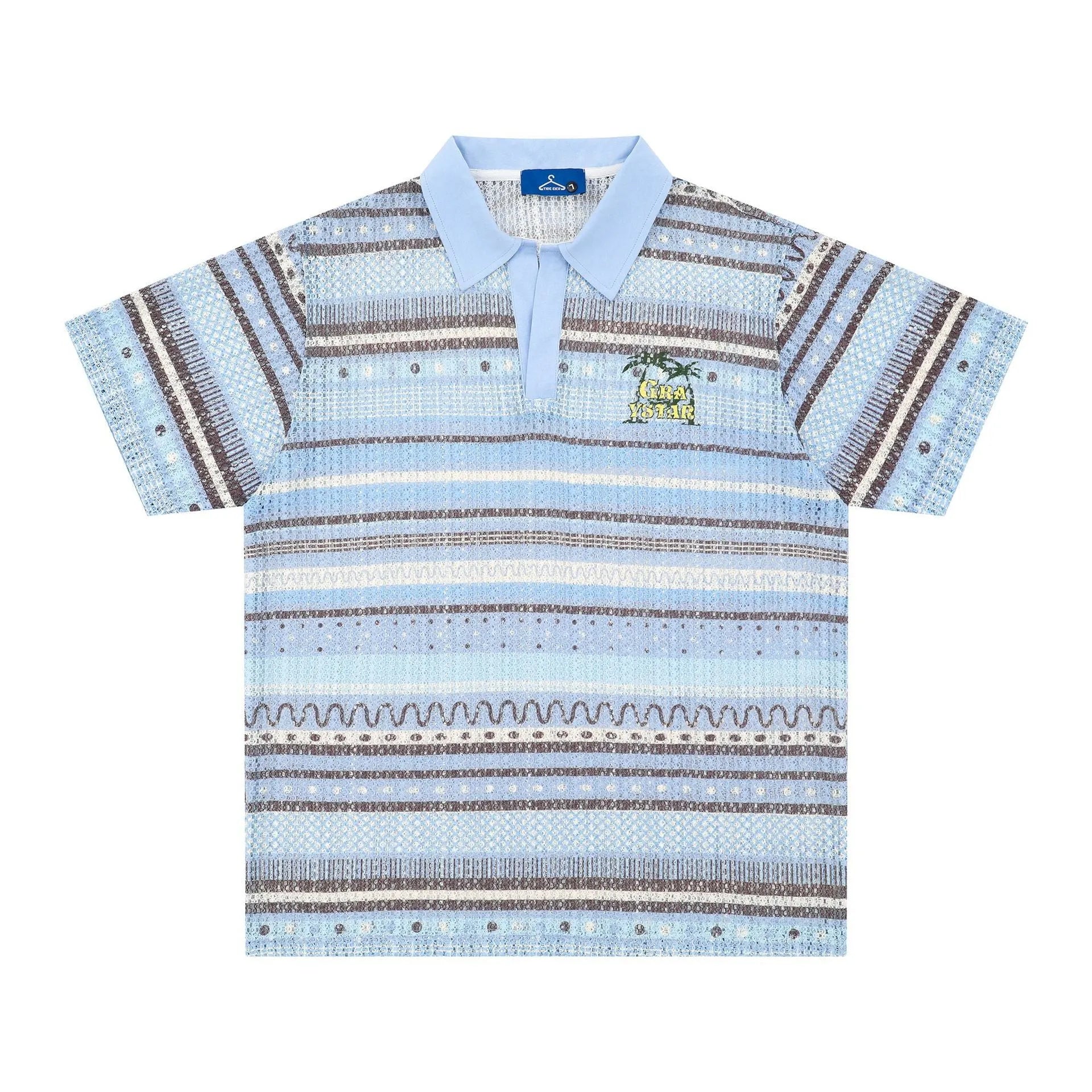 Men's blue printed short sleeve shirt with loose leisure fit