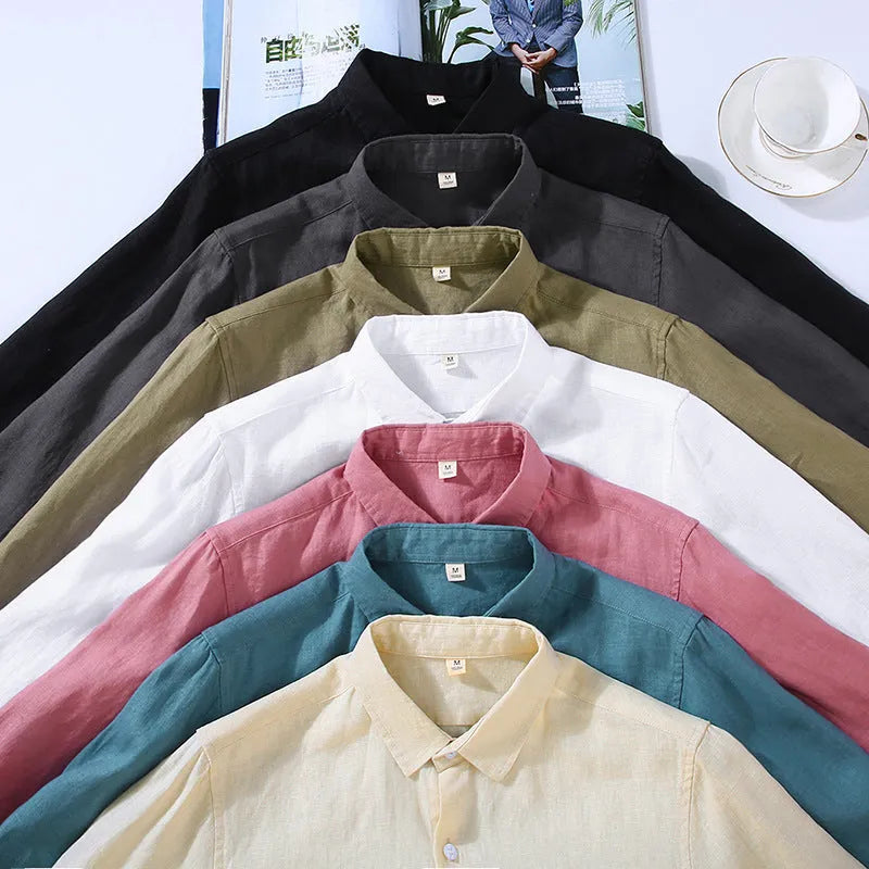 Pure linen men's cardigan shirt in solid colour, long sleeves, lightweight fabric, available in nine colours