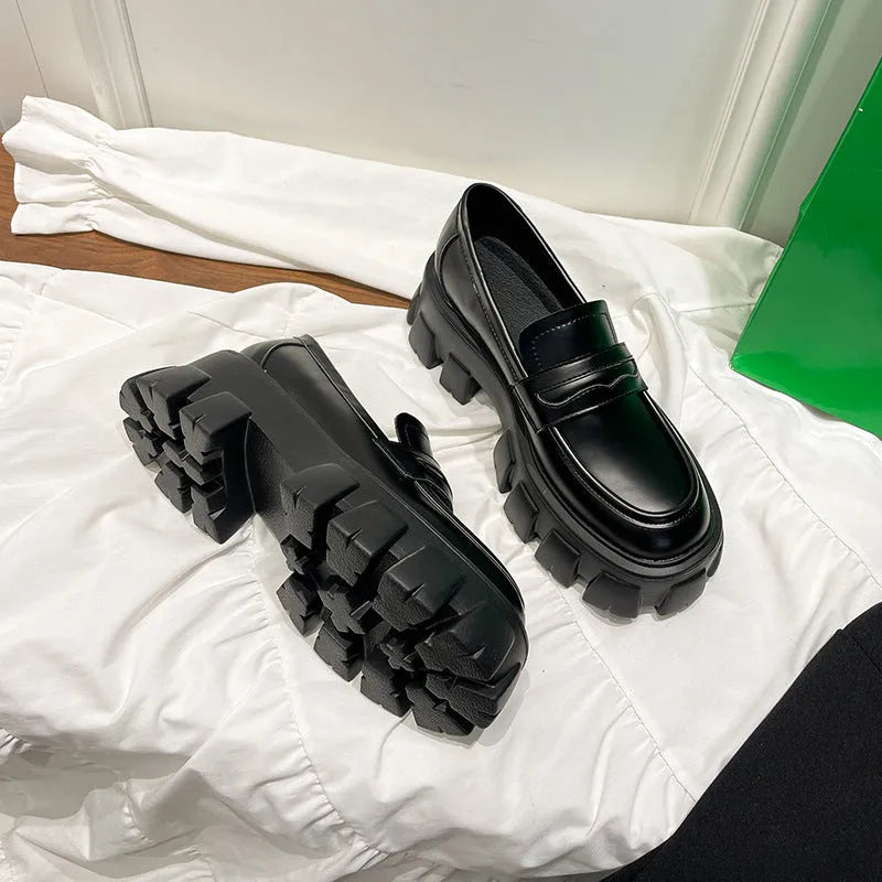British style wide fat foot loafers in matte or patent leather with muffin base heels