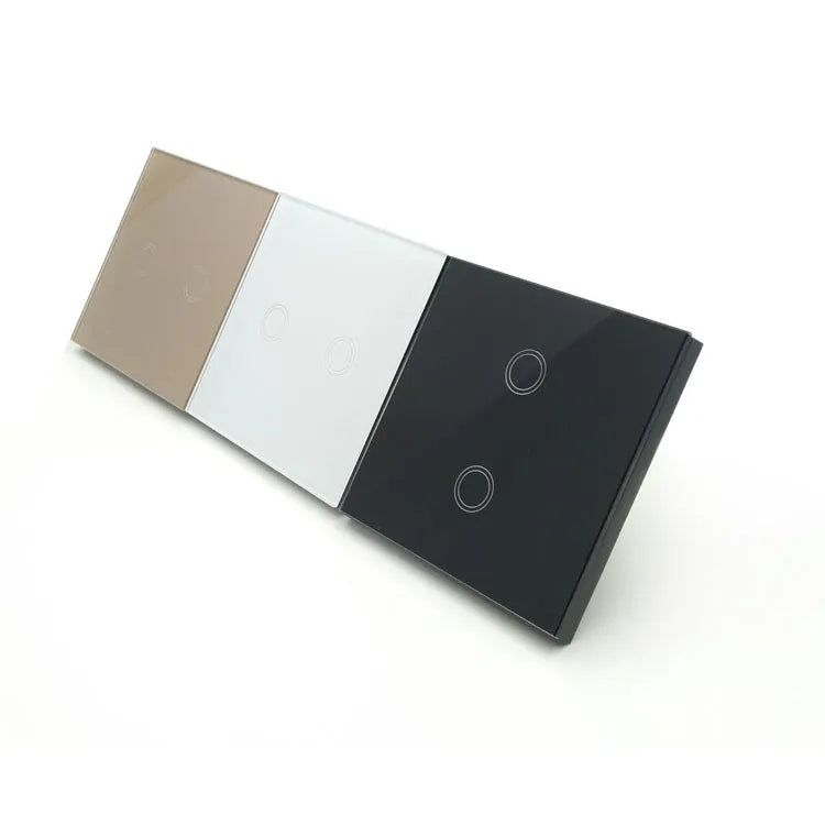 Tempered glass touch light switch panel in black, golden, or white, showing type 86 format for wall mounting.