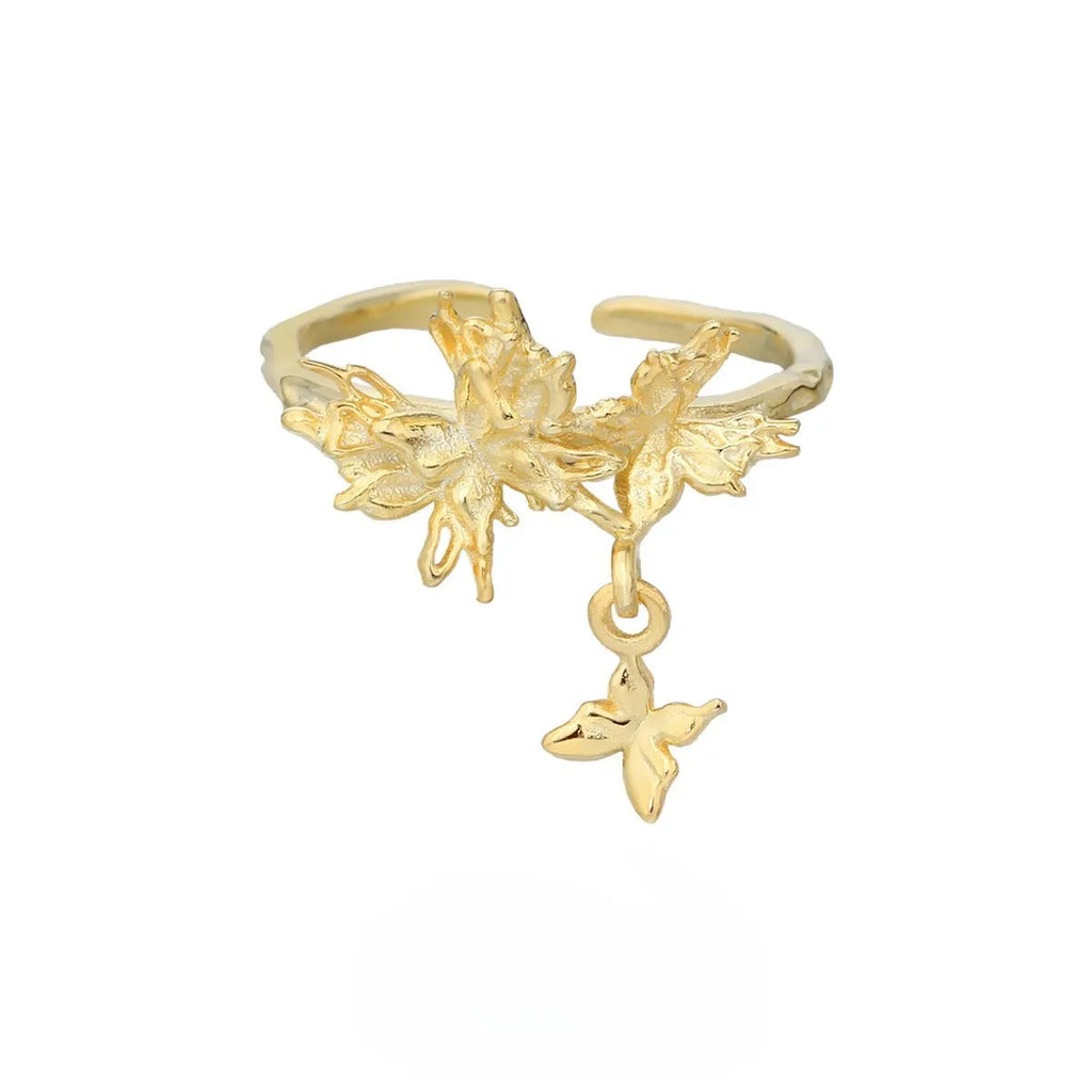 Silver butterfly ring with adjustable opening in gold colour finish