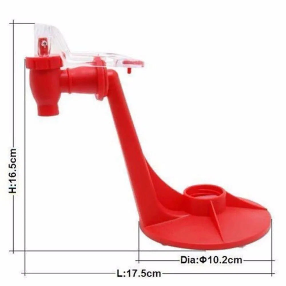 Red Magic Tap soda bottle dispenser attached to inverted 2 litre bottle with push-button mechanism