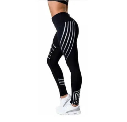 Women's black workout leggings with night-glowing print patterns, high-waisted pencil pants design