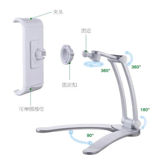 Silver aluminum desktop tablet stand with white ABS base, showing adjustable clip holding a tablet.