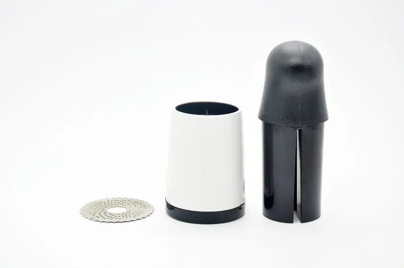 Stainless steel rotary cheese grater mill with two blades, 17 x 7.3cm, black and white finish