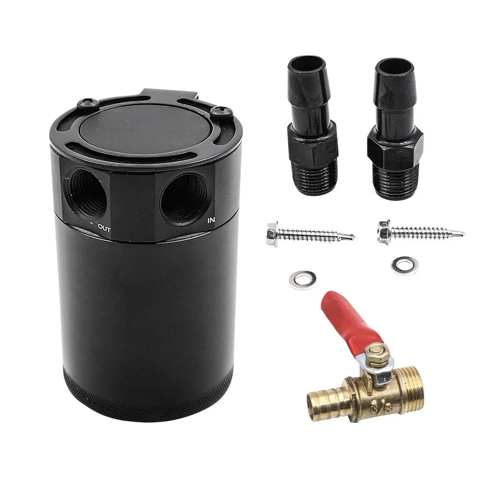 Black and silver aluminium automotive oil pot with two-hole breathable design