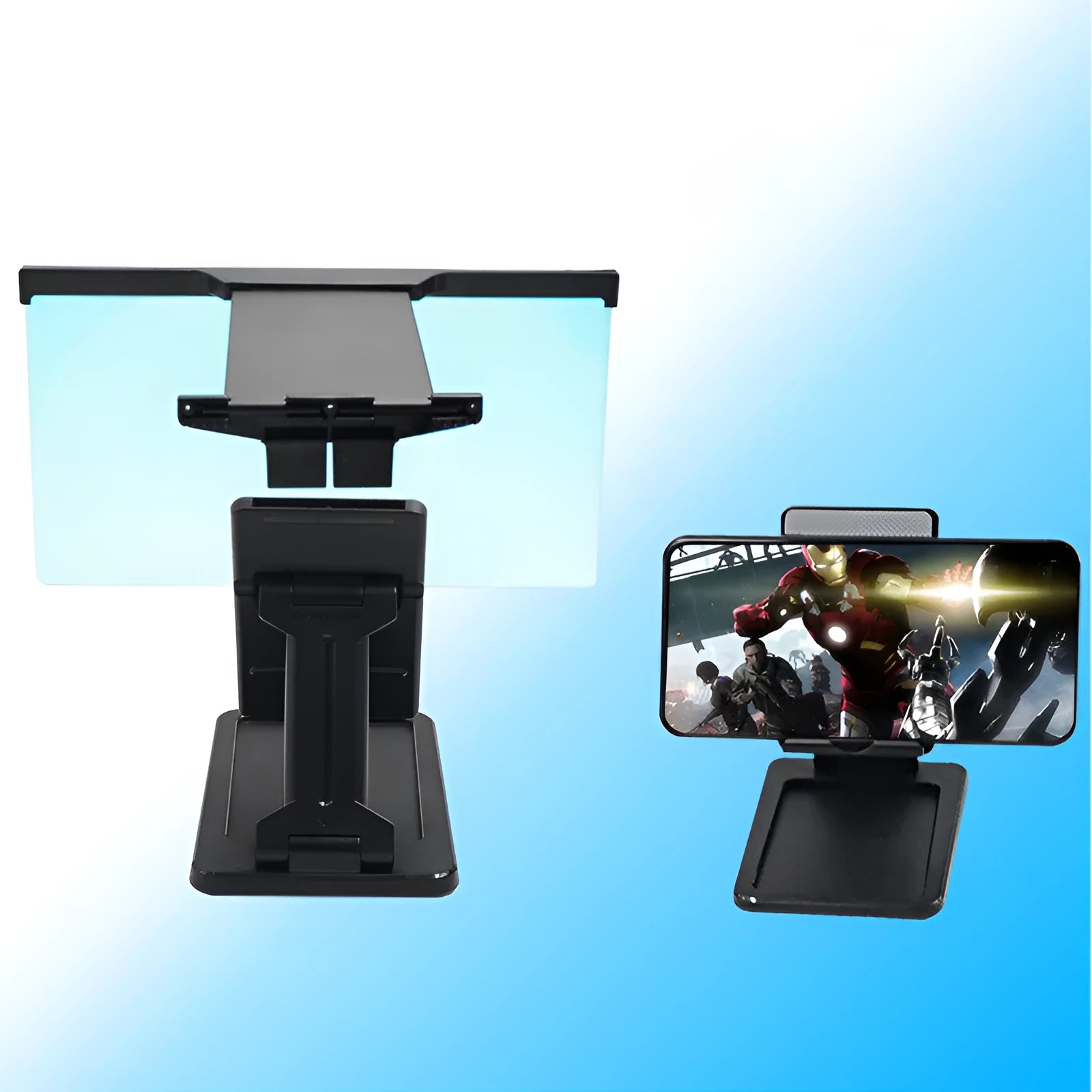 Black L20 mobile phone screen magnifier with foldable bracket and hard travel case on a table.